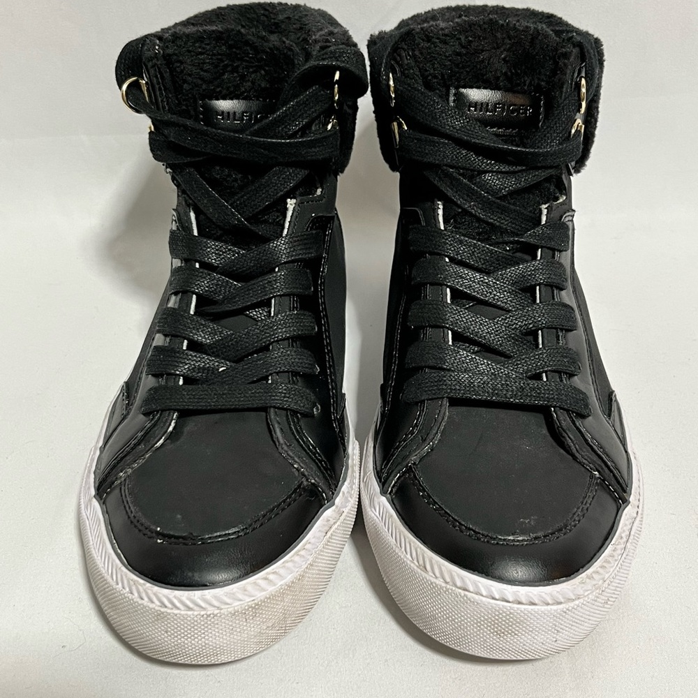 TOMMY HILFIGER Womens Flat Sneakers Black Suede Leather Faux Fur High Top Sz 8.5
